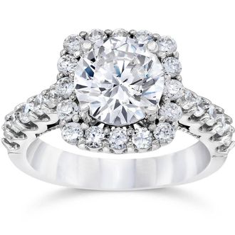 Pompeii3 3Ct (2Ct center) Cushion Halo Lab Grown Diamond Engagement Ring 14K White Gold Size Selectable