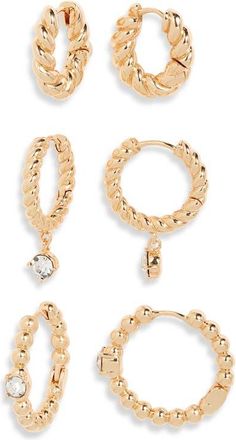 Open Edit 3 Pairs Twisted Metal Huggie Hoop Earrings in Clear- Gold at Nordstrom