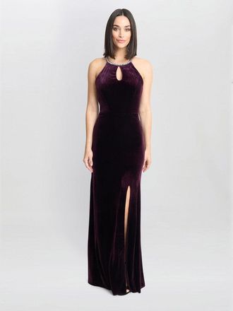Gina Bacconi Womens Deedee Velvet Halter Keyhole Maxi Dress - Purple - Size 18 UK