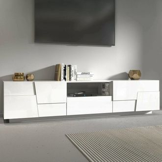 Dmora Dmora - Mueble Tv Vanni, Aparador Bajo De Sal&oacute;n Con 4 Puertas Y 1 Caj&oacute;n, Base Para Mueble Tv, 220x44h46 Cm, Blanco Brillo, Con Embalaje Reforzado