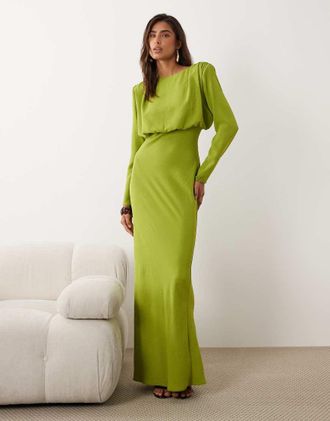 Asos Vestito lungo color lime con maniche ad ali di pipistrello-Verde