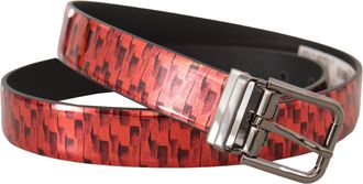 Dolce & Gabbana Red Herringbone Leather Gray Tone Buckle Mens Belt