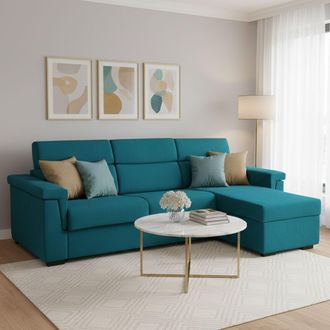 Dmora Divano Letto Con Penisola Ganzaria, Sfoderabile, Contenitore Made In Italy, Idrorepellente Multiposizione Trasformabile In Letto, 285x160 Cm Azzurro