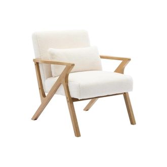 Sweeek Sill&oacute;n escandinavo de madera de hevea y efecto pelo sint&eacute;tico, blanco