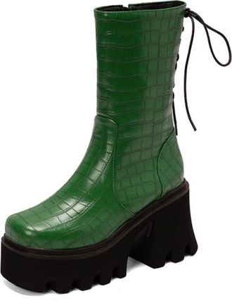 Generic Womens Square Toe Platform Mid Calf Boots Crocodile Print Back Lace Up Chunky Block Heels Comfortable Non Slip Durable for Daily Party Streetwear,Gree