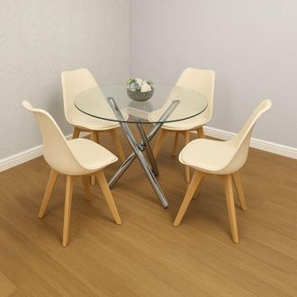 Kosy Koala Modern Round Clear Glass Dining Table Set with 4 Cream Plastic Chairs Dining Furniture Set