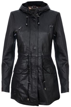 Infinity Leather Womens Mid Length Hooded Parka Jacket-Oakengates - Black Lamb Leather - Size 10 UK