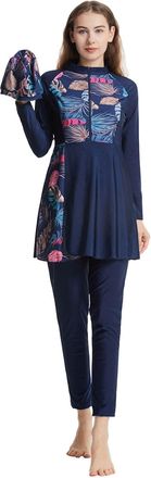 Generic Women Muslim Swimsuit 3 Pieces Islamic Burkini Modest Swimwear Full Cover Rash Guard Long Sleeve Swim Top with Pants Hijab Swimming Costume Tankini Se