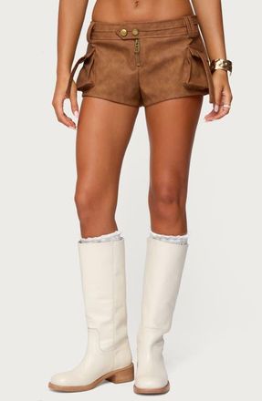 Edikted Washed Faux Leather Micro Cargo Shorts in Tan at Nordstrom, Size X-Small