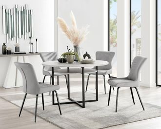 Furniturebox Adley Grey Concrete Effect Round Dining Table & 4 Nora Black Leg Velvet Chairs in Light Grey