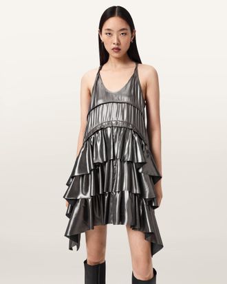 AllSaints Polyester Cavarly Metallic Mini Dress, Size: UK 14/US 10