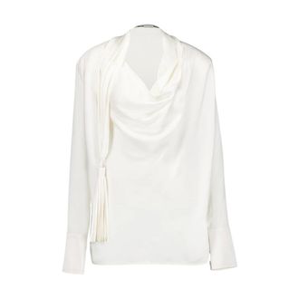 Stella McCartney Overhemden, Dames, Wit, L, Zijden blouse met gedrapeerd en kwastdetail