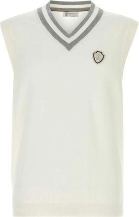 Brunello Cucinelli Katoenen Gebreid Vest met Logo - Heren - Spencers - Wit - L - Katoen - Truien & Vesten