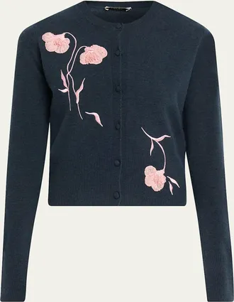 Erdem Flower Embroidered Cashmere-Wool Crewneck Cardigan