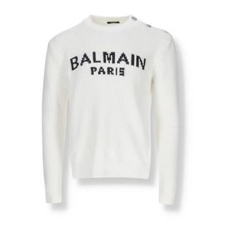 Balmain Round-neck Knitwear, male, White, Size: L Cotton Logo Sweater