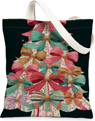 Generic Christmas Bows Canvas Tote Bags, Decorative Ribbon Pattern Reusable Shopping Bags, Holiday Retro Lightweight Washable Shoul, Black, 13x15 Inch
