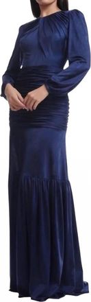 Dress The Population Womens Lucille Pleated Ruched Long Sleeve Gown In Midnight Blue