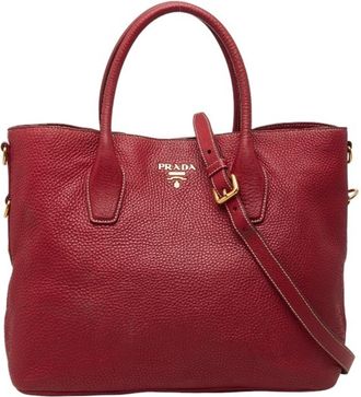Prada Red Color Leather Shoulder Bag Tote Bag (Pre-Owned)