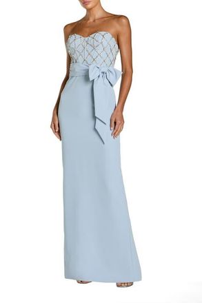 Mac Duggal Strapless Crepe Embellished Bustier Gown With Bow in Powder Blue at Nordstrom, Size 12