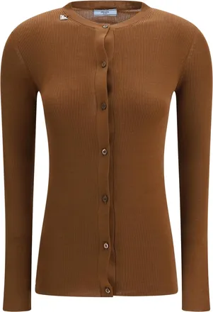 Prada Womens Cardigan Ribbed Wool Tobacco Fleece Sweater