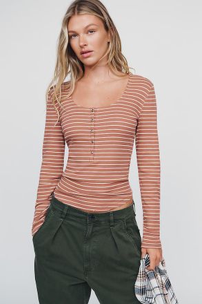 Pilcro Ribbed V-Neck Henley Tee