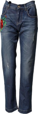Dolce & Gabbana Womens Blue Floral Embroidered Boyfriend Denim Jeans Co+02 Clothing