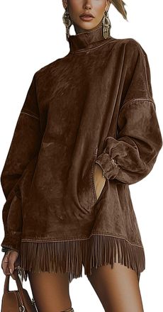 Generic Womens Turtleneck Faux Suede Mini Fringe Dress Vintage, Oversized Long-Sleeved Faux Suede Mid Dresses for Women Fall Winter Velvet Fringe Dress Brown