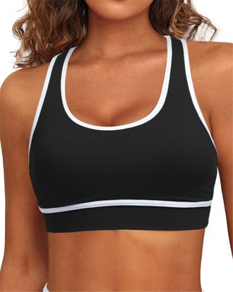 Holipick Womens Sports Bra Bikini Tops Racerback Swim Top Scoop Neck Bathing Suits Top Modest Padded Crop Tops Swimsuit Only, Black-white, Large