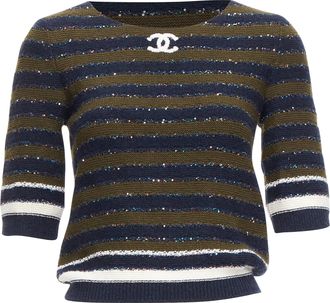 Chanel sequin cashmere blend cc logo stripe crop sweater