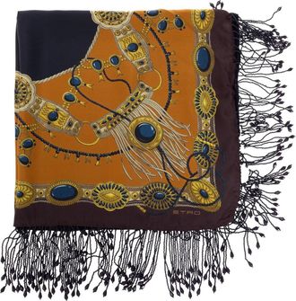 Etro Zijden sjaal met franjes en juwelenmotief - Dames - Accessoires - Bruin - Maat: ONE Size Zijde