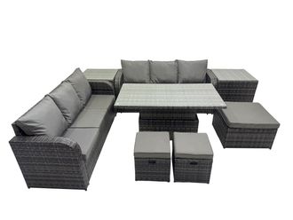 Fimous Rattan Garden Furniture Set 9-seater with 2 Side Table 3 Footstools in Dark Grey