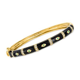Ross-Simons White Topaz Evil Eye Bangle Bracelet With Emeralds and Black Enamel in 18kt Gold Over Sterling
