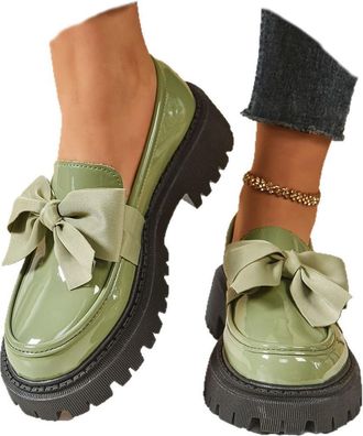 Generic 2026 New Womens Cute Bowknot Design Loafers Bowknot Slope Heel Chunky Heel Shoes Fashionable Solid Color Slip on Loafers Lightweight Business Office W