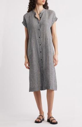 Eileen Fisher Pinstripe Short Sleeve Organic Linen Shift Dress in Faded Black/White at Nordstrom Rack, Size X-Large
