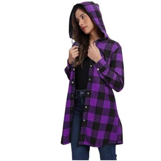 Generic Plaid Shirts for Women Casual Button Down Cotton Checked Shirt Jacket with Hood Tartan Long Sleeve Cardigan Casual Smart Jackets Autumn Spring Comfort