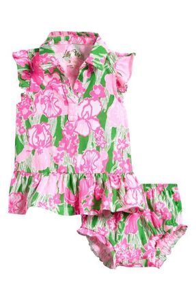 Lilly Pulitzer Mini Riegan Floral Flutter Sleeve Cotton Polo Dress with Bloomers in Putting Green Hannah at Nordstrom, Size 3-6M