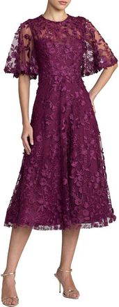 Mac Duggal Petite Flutter Sleeve Floral Emboridered Midi Dress in Aubergine at Nordstrom, Size 10