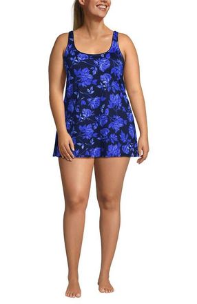 Lands End Plus Size Scoop Neck Mini Swim Dress Swimsuit in Navy Graphic Floral at Nordstrom, Size 3X