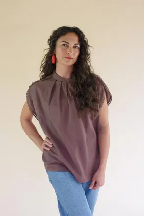 Kalalou High-Neck Short-Sleeve Blouse With Flat Pom-Pom Lace- Mulberry