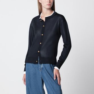 Bottega Veneta Cardigan in maglia di seta doppia blu notte/bianco
