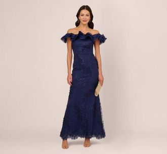 Adrianna Papell Maxi Dress Womens Navy Ruffle Off The Shoulder Gown GBO621