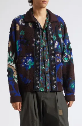 sacai Floral Jacquard Knit Blouson Cardigan Sweater in Brown at Nordstrom, Size 4