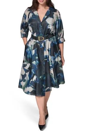DKNY Floral Organza Shirtdress in Black Fore at Nordstrom, Size 20W