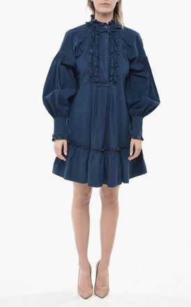 Valentino Ruffle-Front Cotton Shirt Dress with Puff Sleeves Valentino