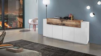 Dmora Aparador Dgerl, Aparador De Cocina Con 4 Puertas, Buffet De Sal&oacute;n, 100% Made In Italy, Cm 200x45h86, Blanco Brillo Y Arce - Dmora