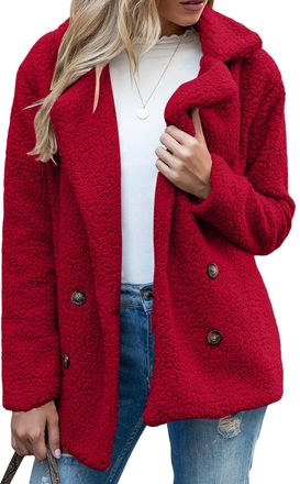 Generic Fleece Jacket Women Fuzzy Teddy Coat Ladies Winter Coats and Jackets Buttons Lapel Cardigan Autumn Casual Warm Outwear with Pockets (Red, XXL)