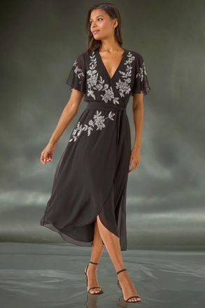 Roman Premium Embellished Wrap Midi Dress