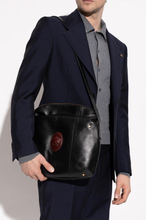 Versace Leather Shoulder Bag With Medusa Head, Mens, Black