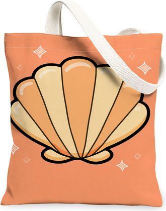 Generic Shell Print Canvas Tote Bag, Lightweight Reusable Grocery Bags, Summer Retro Fun Design Washable Shoulder Strap Bags for Be, Orange, 13x15 Inch