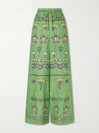 Alemais Pantaloni A Gamba Larga In Lino Stampato Sun Dancer - Verde